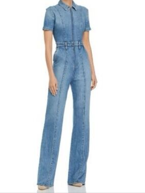 Alice + Olivia denim wide leg jumpsuit Zip Front Short Sleeves Size 30